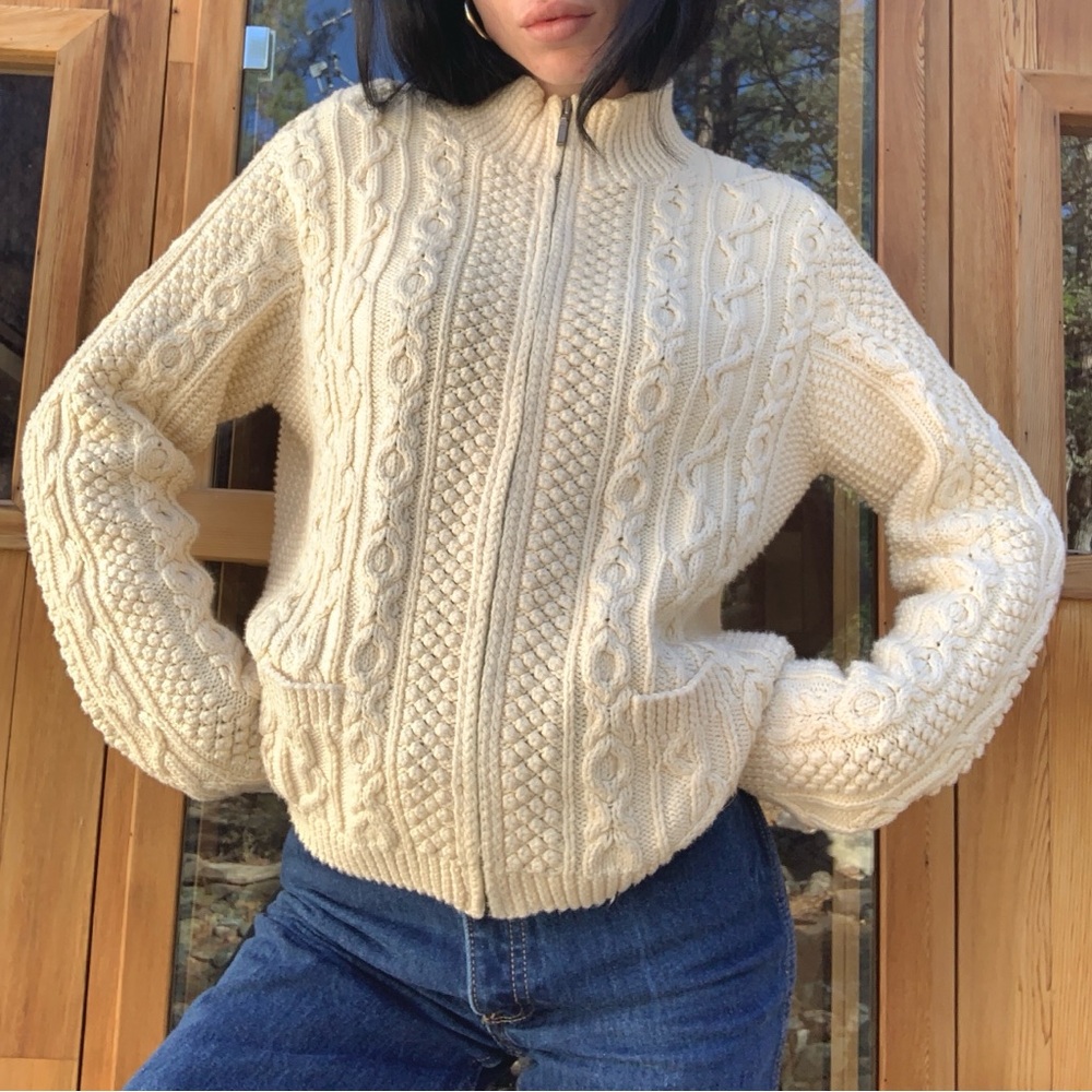 Lands' End Cozy Vintage Cotton Thick Cableknit Cream Cardigan